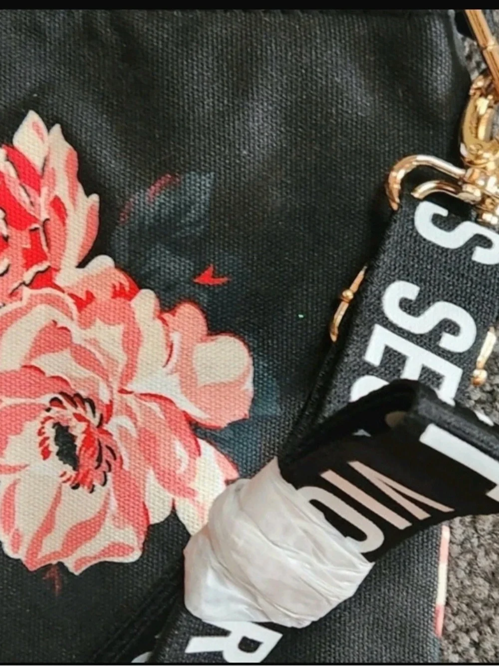 Victoria's Secret Black Tote with Pink Rose Floral Print